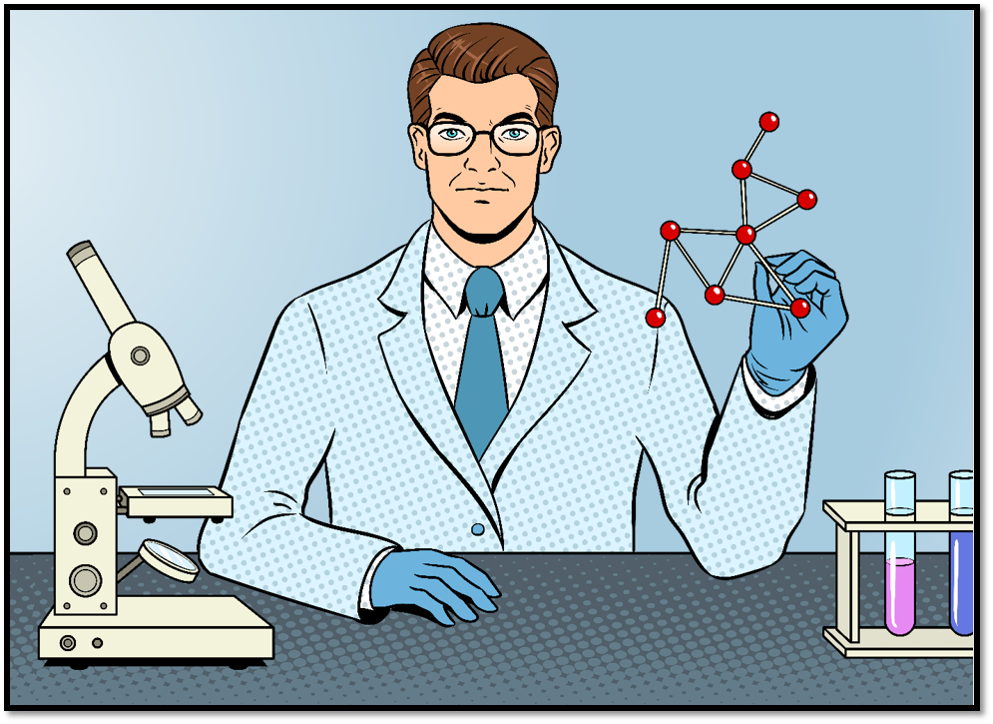 Scientist in lab drawn in comic book style